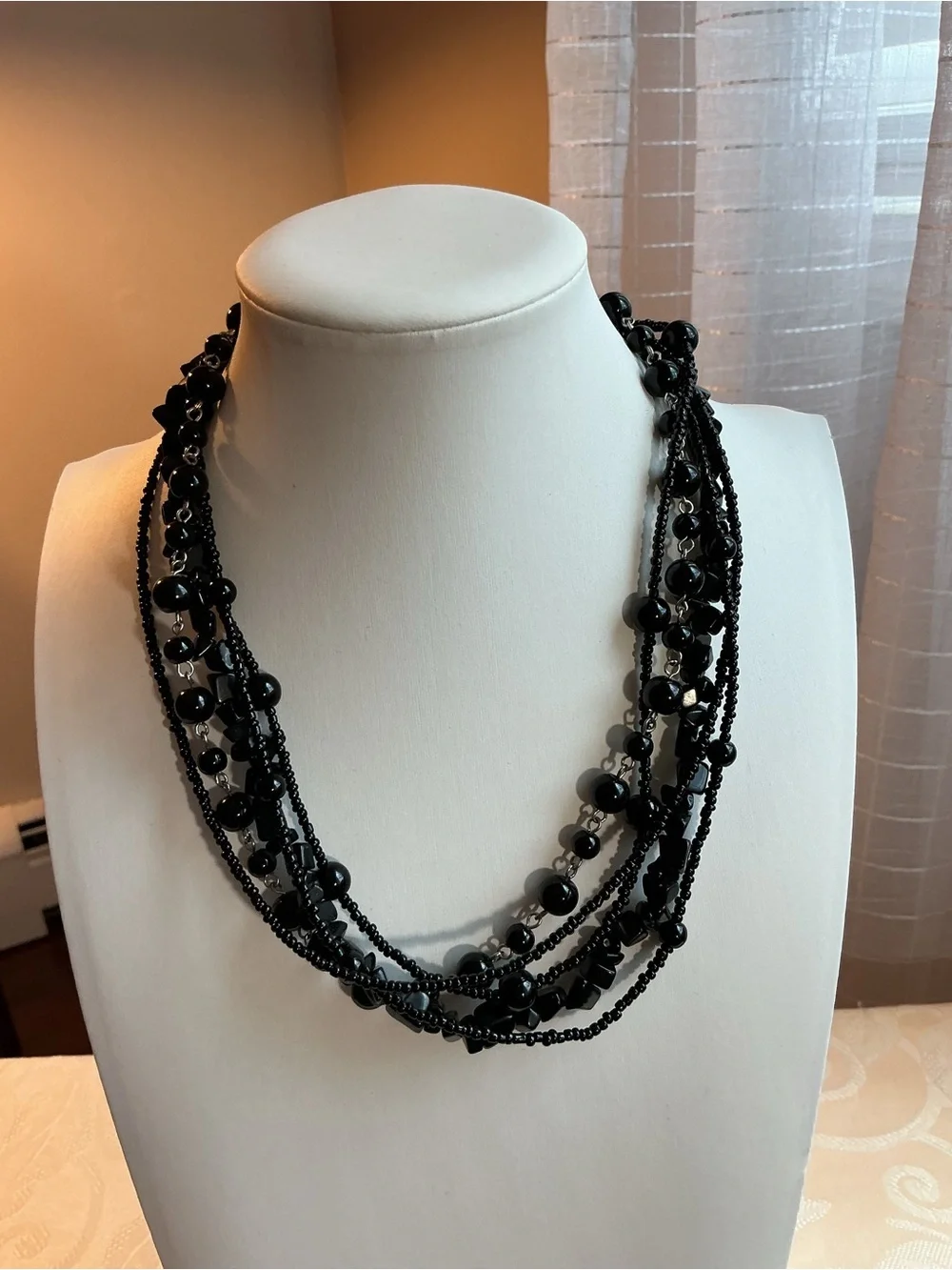 Black Glass Multi-Strand Silver Tone Statement Necklace and Earrings Set